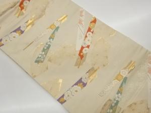 地紙に扇子・花々・亀甲模様織出し名古屋帯